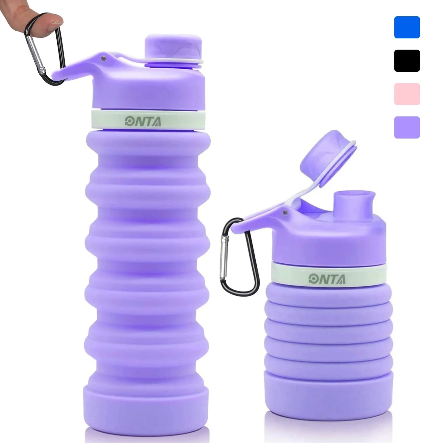 Collapsible Water Bottle - BPA Free Silicone Foldable Water Bottle for Travel Gym Camping Hiking, Portable Leak Proof Sports Water Bottle with Carabiner(Purple)