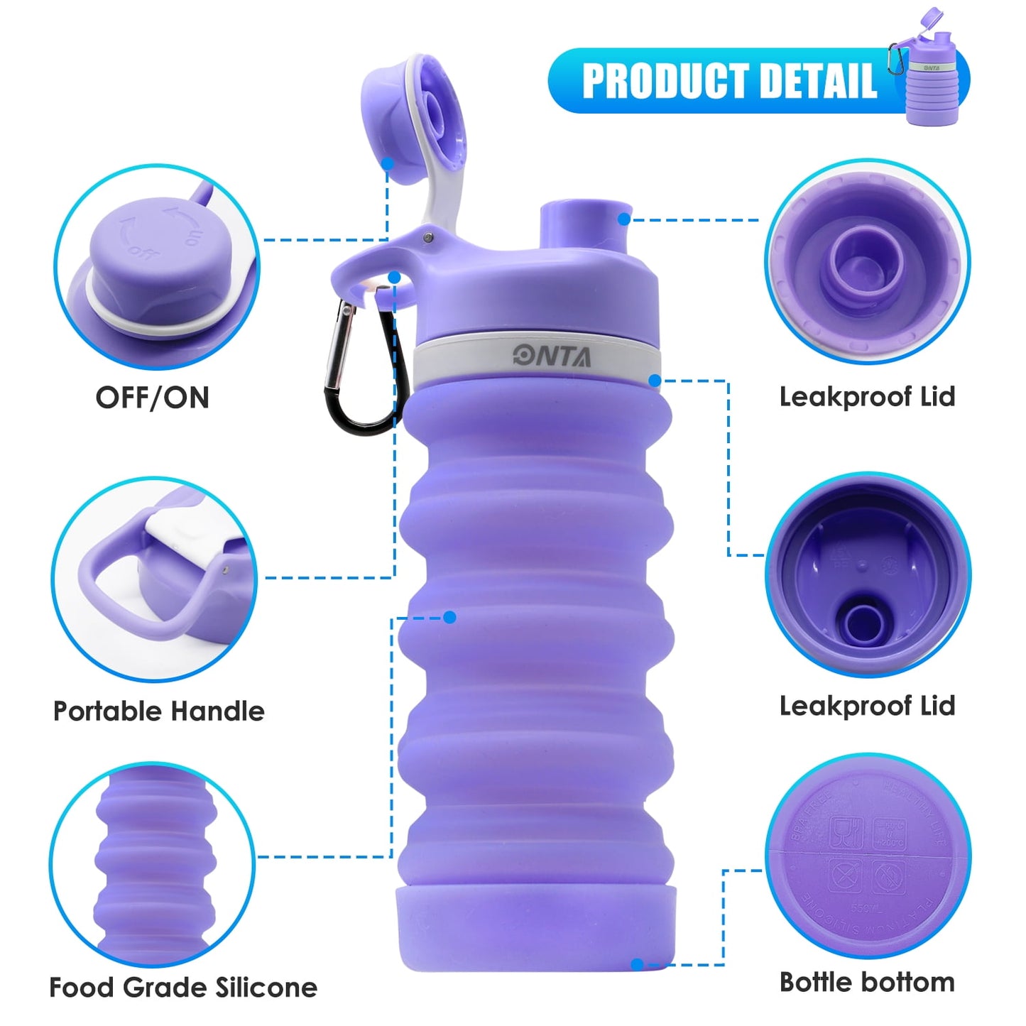 Collapsible Water Bottle - BPA Free Silicone Foldable Water Bottle for Travel Gym Camping Hiking, Portable Leak Proof Sports Water Bottle with Carabiner(Purple)