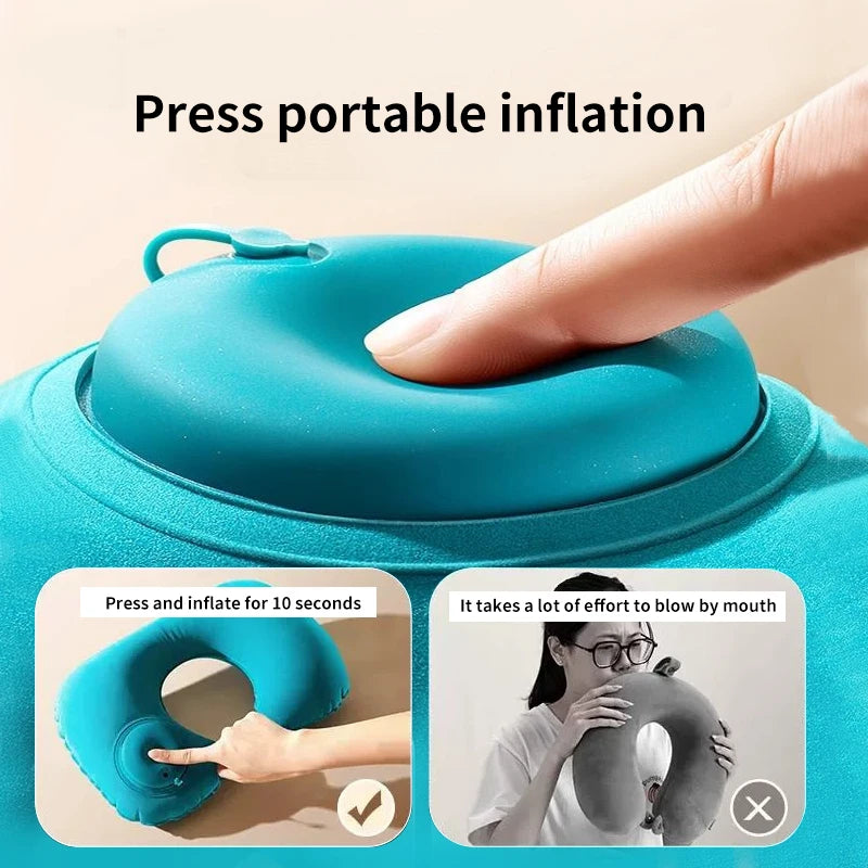 U-Shaped Inflatable Travel Pillow - Lightweight Portable Neck Support for Airplane and Office Use