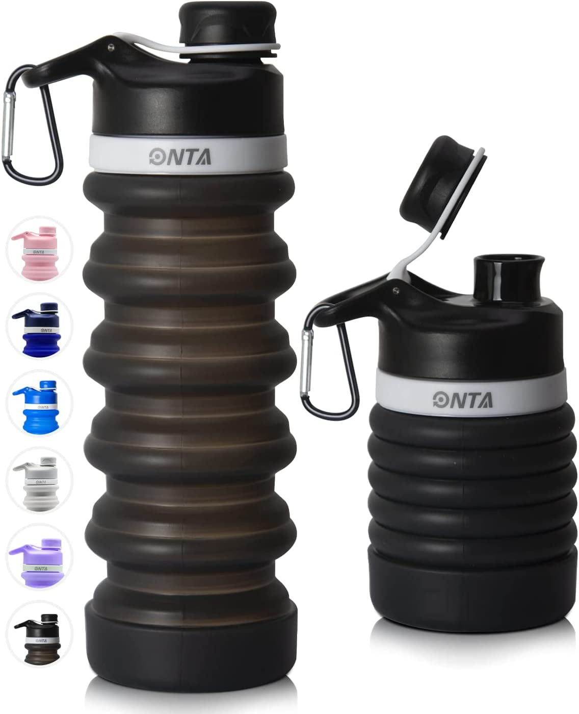 Collapsible Water Bottle - BPA Free Silicone Foldable Water Bottle for Travel Gym Camping Hiking, Portable Leak Proof Sports Water Bottle with Carabiner(Purple)