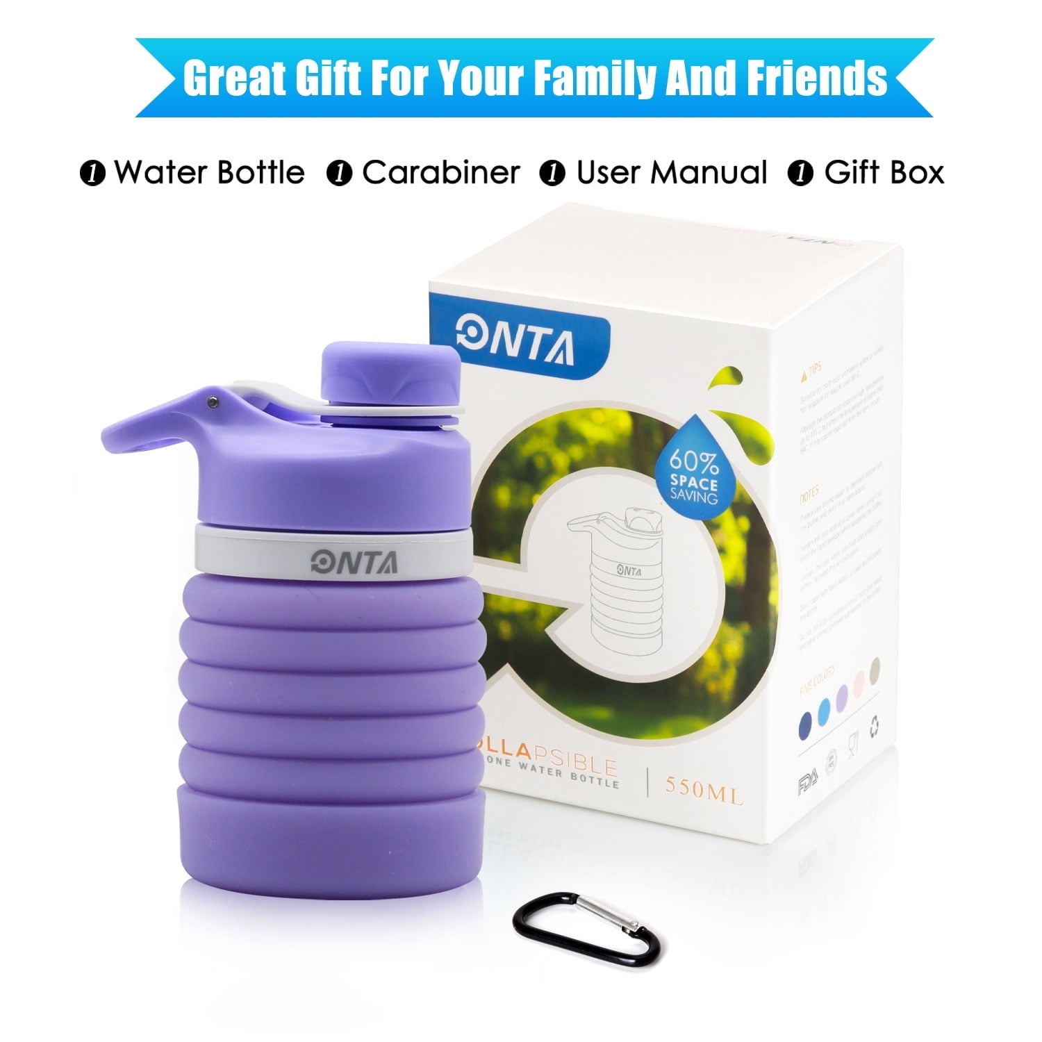 Collapsible Water Bottle - BPA Free Silicone Foldable Water Bottle for Travel Gym Camping Hiking, Portable Leak Proof Sports Water Bottle with Carabiner(Purple)