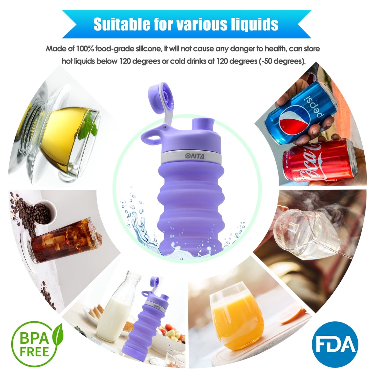 Collapsible Water Bottle - BPA Free Silicone Foldable Water Bottle for Travel Gym Camping Hiking, Portable Leak Proof Sports Water Bottle with Carabiner(Purple)