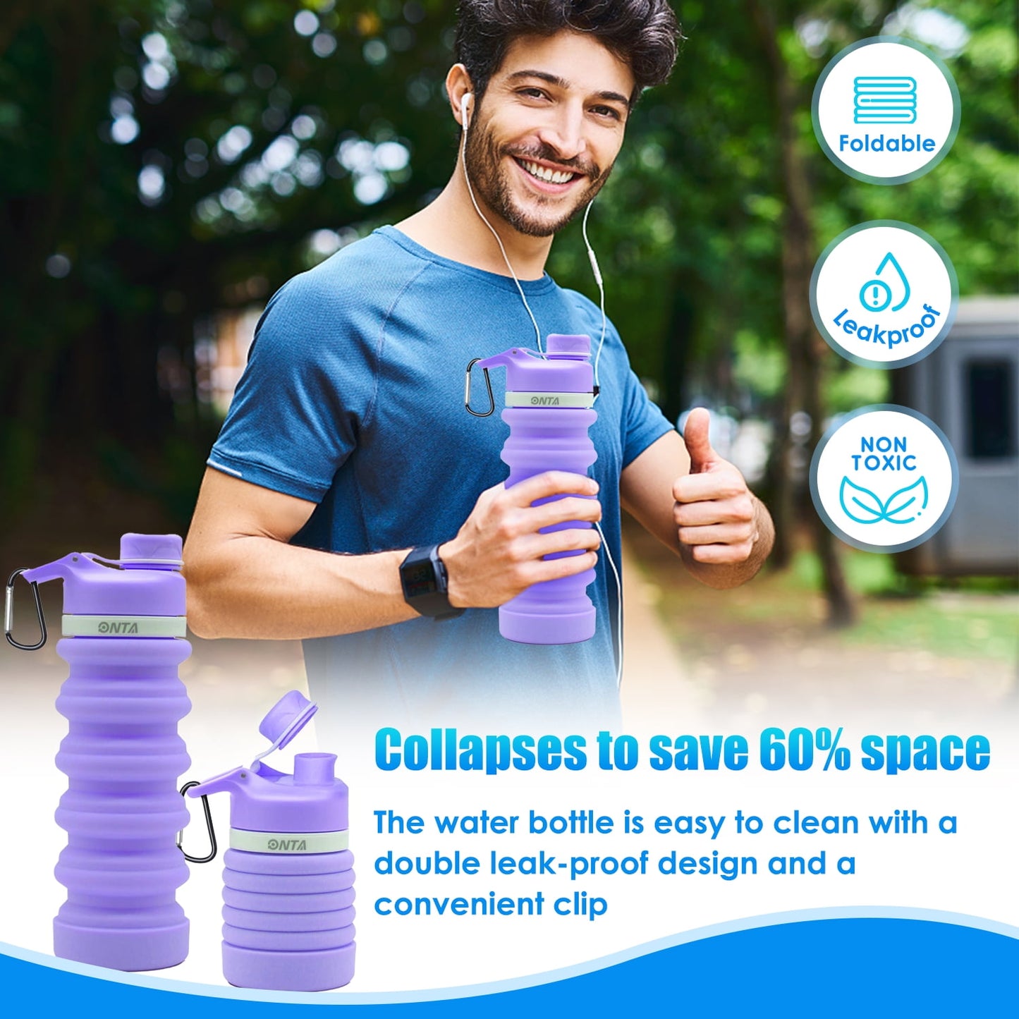 Collapsible Water Bottle - BPA Free Silicone Foldable Water Bottle for Travel Gym Camping Hiking, Portable Leak Proof Sports Water Bottle with Carabiner(Purple)