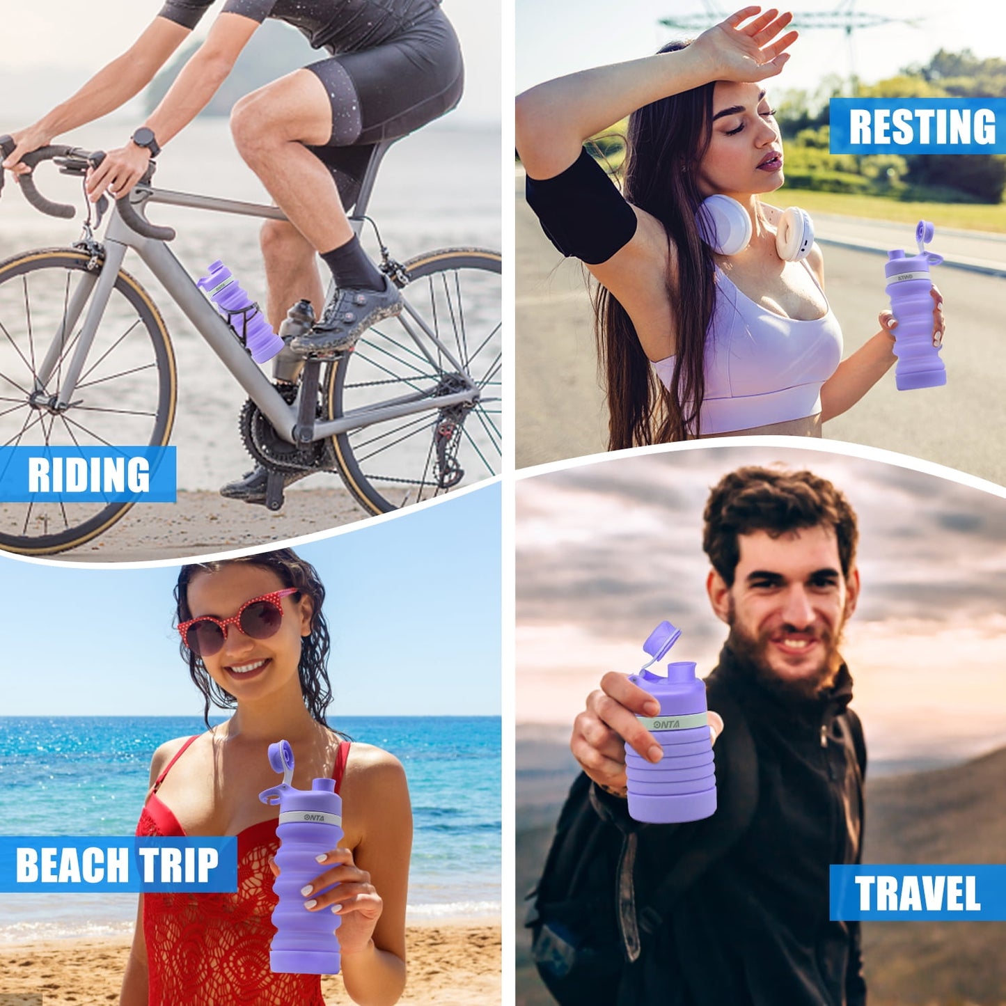 Collapsible Water Bottle - BPA Free Silicone Foldable Water Bottle for Travel Gym Camping Hiking, Portable Leak Proof Sports Water Bottle with Carabiner(Purple)