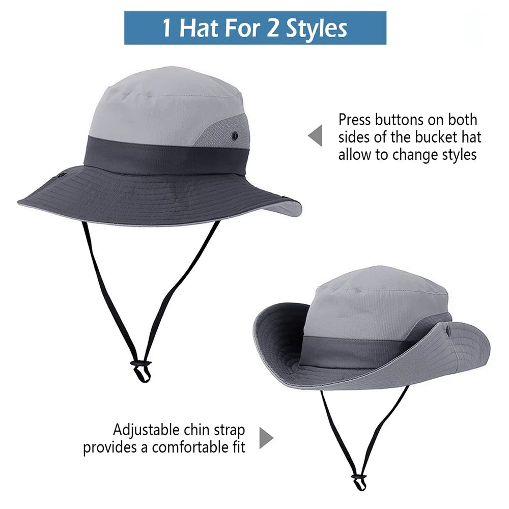 Stylish Gray Women's Summer Bucket Hat with Wide Brim and Ponytail Hole - UV Protection & Foldable Beach Cap