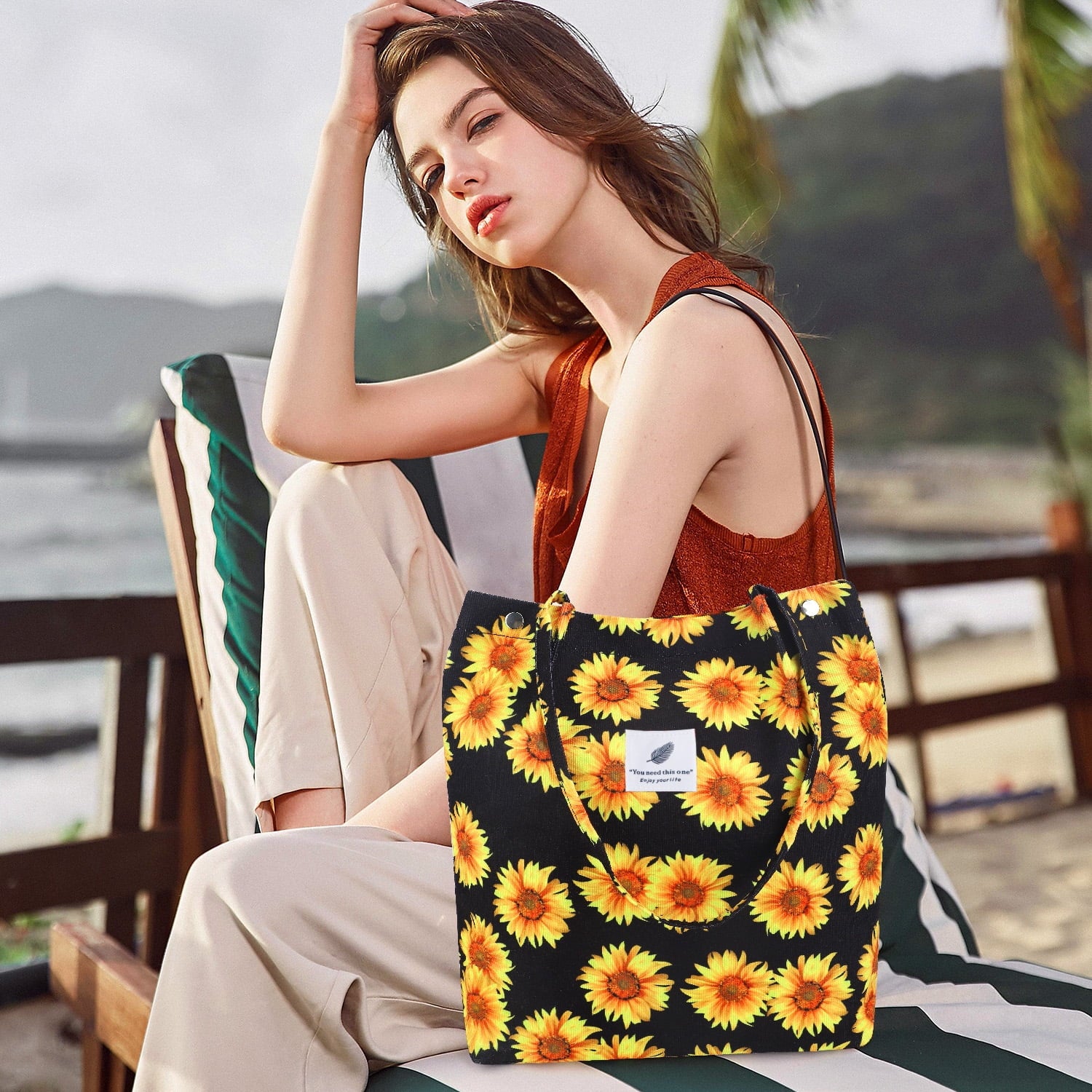 Corduroy Sunflower Tote Bag for Women - Canvas Shoulder Purse with Inner Pocket