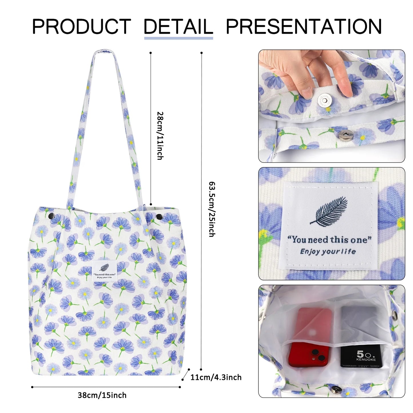 Large Corduroy Tote Bag for Women - Canvas Shoulder Purse with Inner Pocket