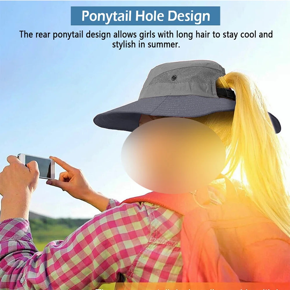 Stylish Gray Women's Summer Bucket Hat with Wide Brim and Ponytail Hole - UV Protection & Foldable Beach Cap