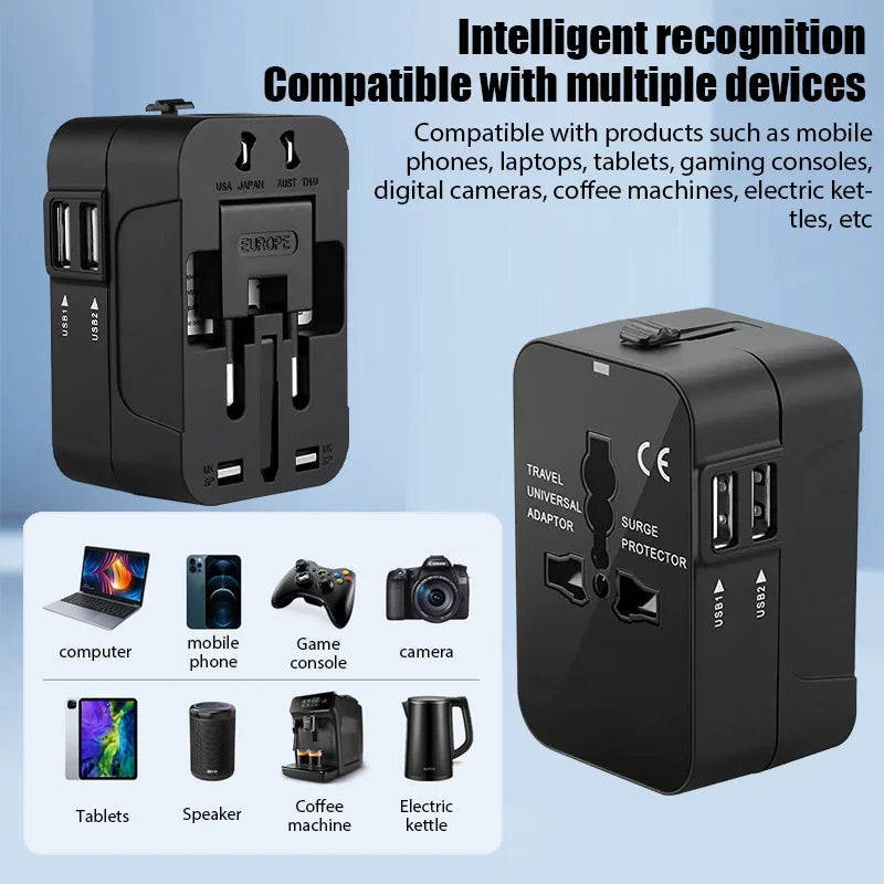 Universal Travel Adapter with Dual USB Ports - EU, UK, US, AU AC Power Charger Outlet Converter Socket Plug