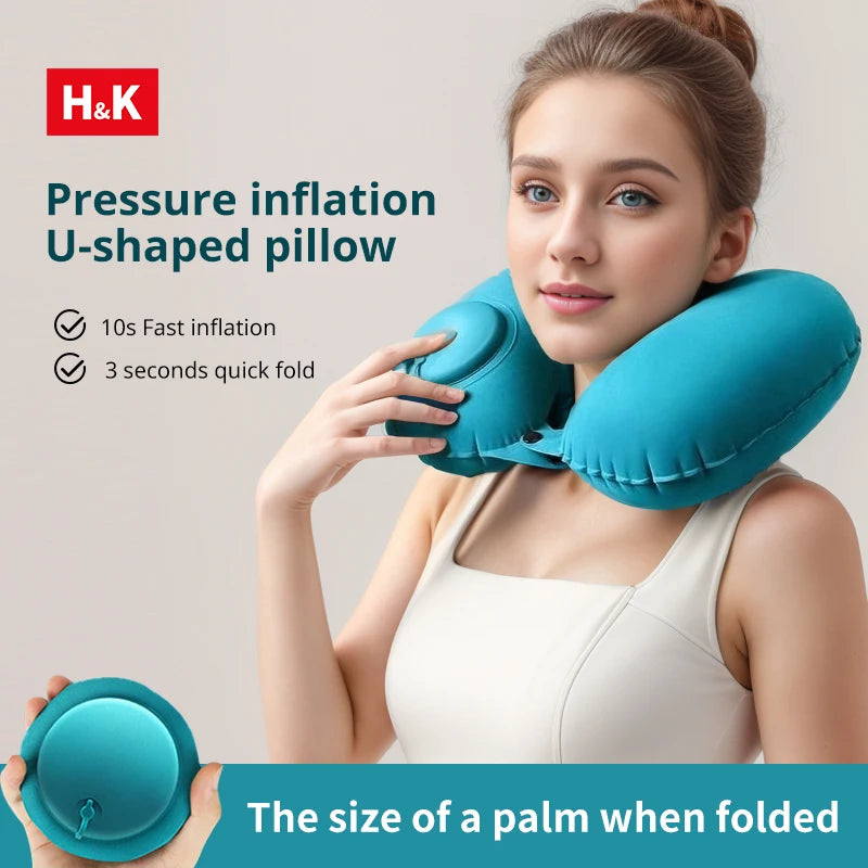 U-Shaped Inflatable Travel Pillow - Lightweight Portable Neck Support for Airplane and Office Use