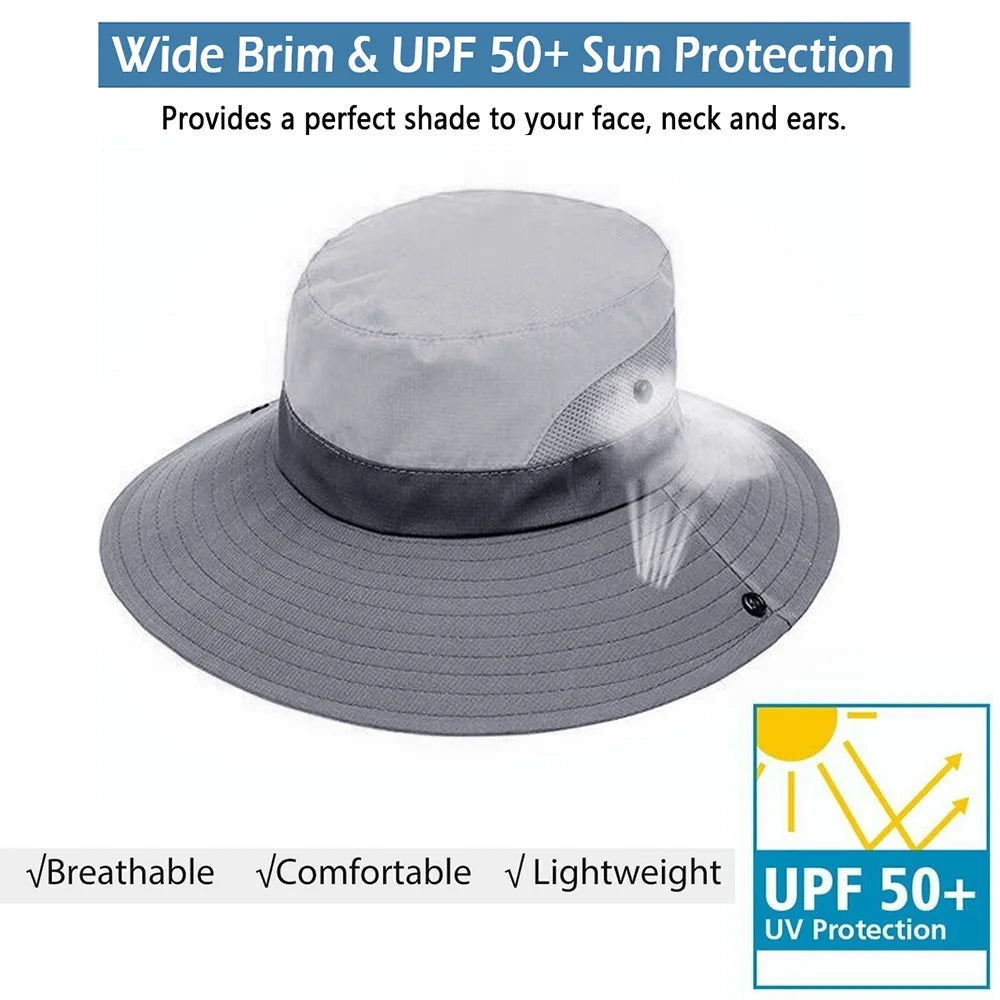 Stylish Gray Women's Summer Bucket Hat with Wide Brim and Ponytail Hole - UV Protection & Foldable Beach Cap