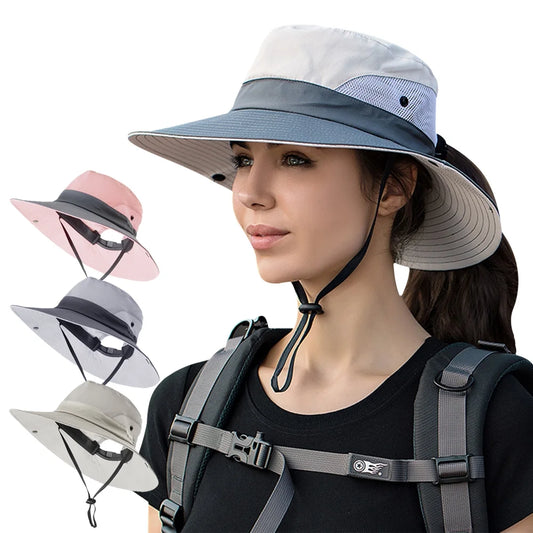 Stylish Gray Women's Summer Bucket Hat with Wide Brim and Ponytail Hole - UV Protection & Foldable Beach Cap