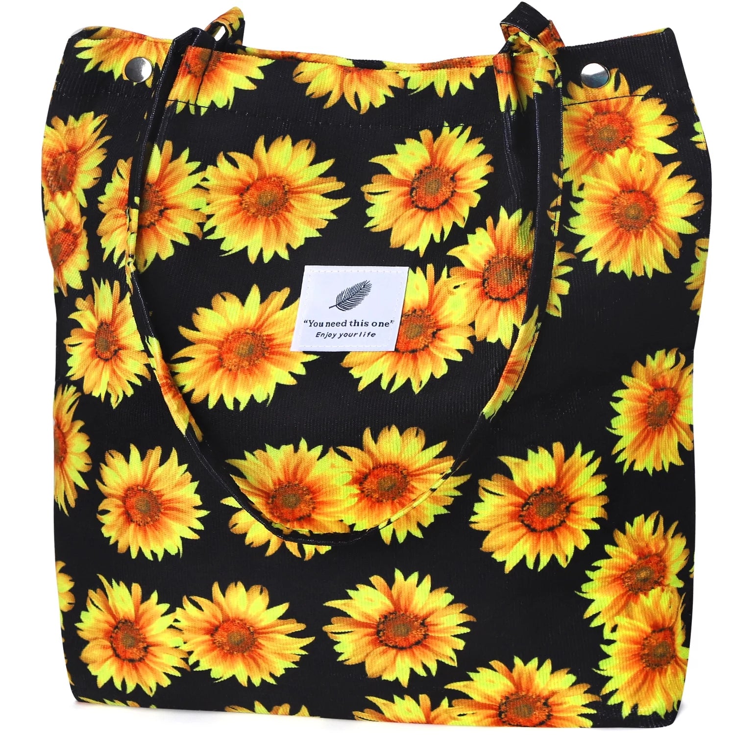 Corduroy Sunflower Tote Bag for Women - Canvas Shoulder Purse with Inner Pocket