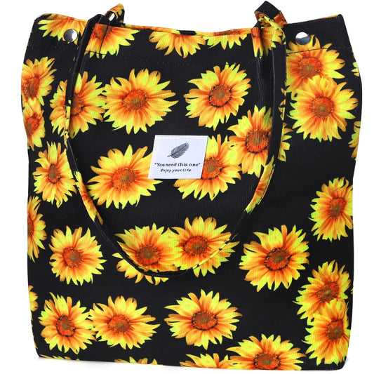 Corduroy Sunflower Tote Bag for Women - Canvas Shoulder Purse with Inner Pocket