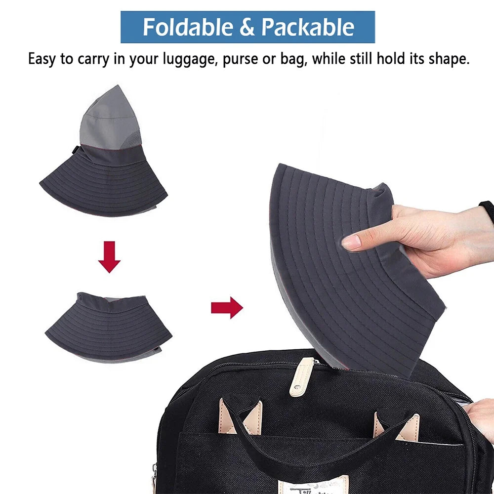 Stylish Gray Women's Summer Bucket Hat with Wide Brim and Ponytail Hole - UV Protection & Foldable Beach Cap