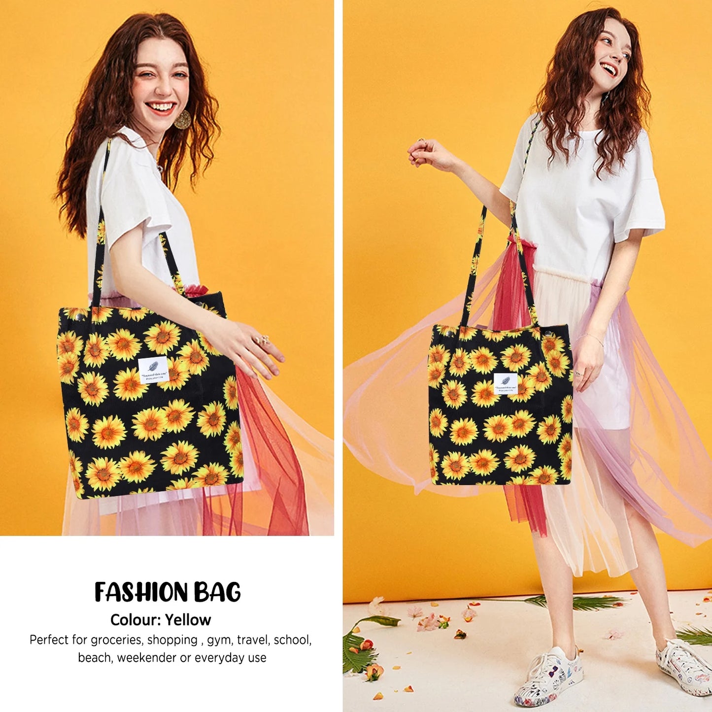 Corduroy Sunflower Tote Bag for Women - Canvas Shoulder Purse with Inner Pocket