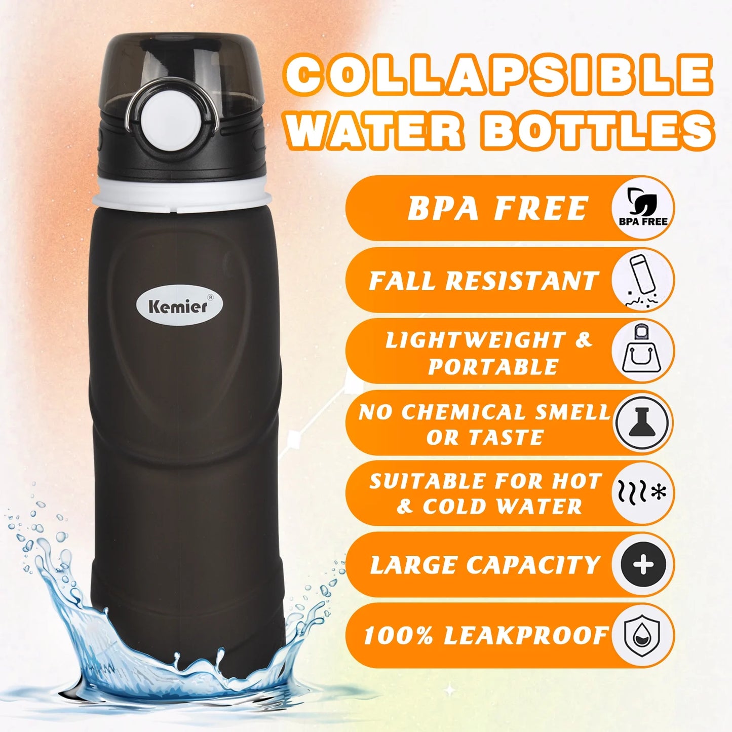 Collapsible Silicone Water Bottles - 750ML Leakproof, BPA-Free, Reusable Travel Bottle for Smart Traveling