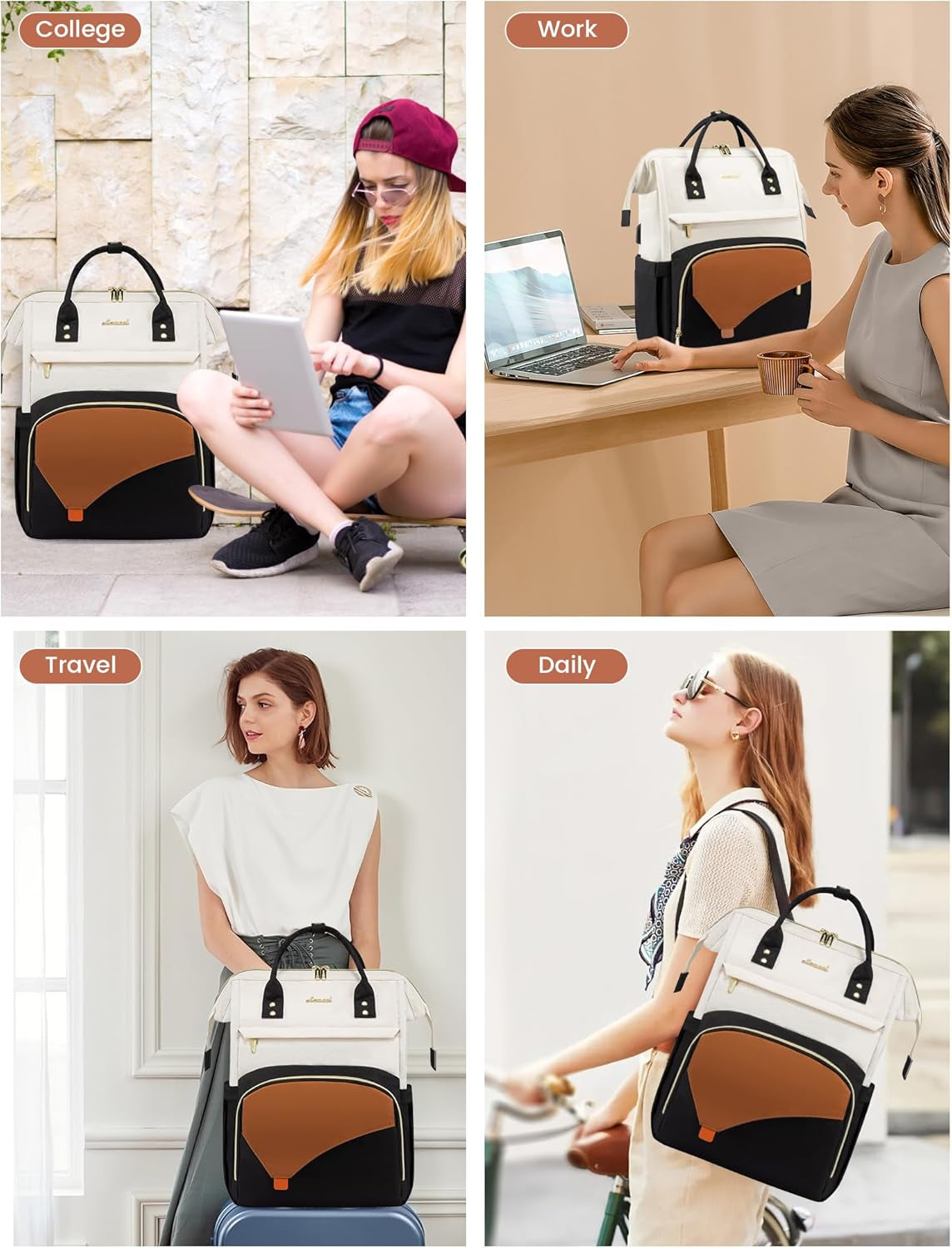 Stylish 15.6-Inch Waterproof Laptop Backpack for Women - Versatile Travel Purse/backpack for retirement travel in Black, Beige, and Brown