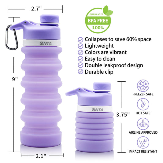 Collapsible Water Bottle - BPA Free Silicone Foldable Water Bottle for Travel Gym Camping Hiking, Portable Leak Proof Sports Water Bottle with Carabiner(Purple)