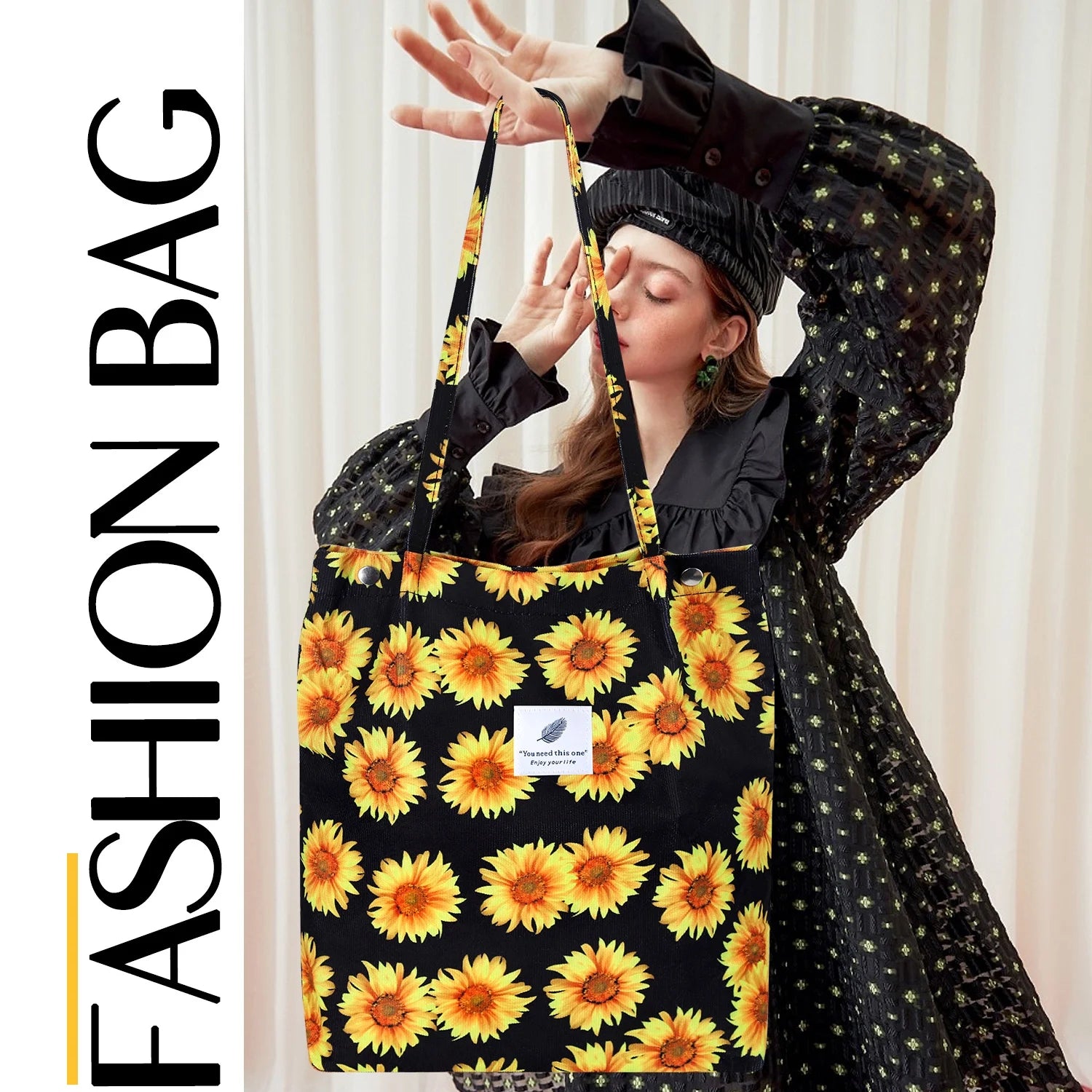 Corduroy Sunflower Tote Bag for Women - Canvas Shoulder Purse with Inner Pocket