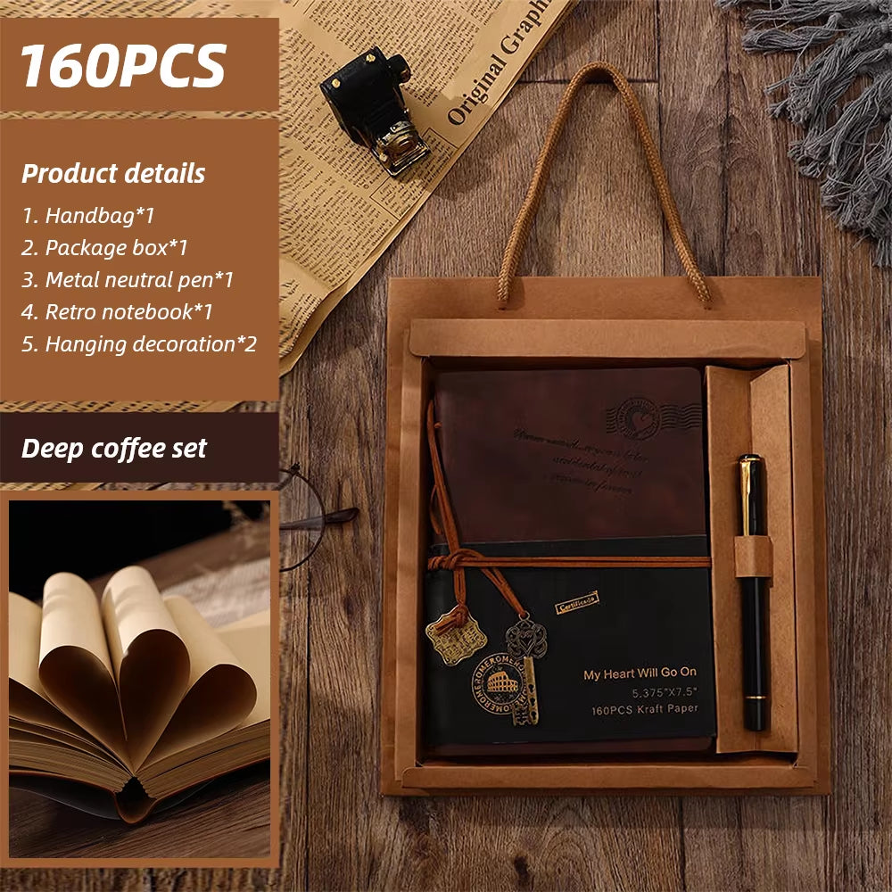 Vintage Eco Leather Traveler's Diary Notebook Kit with Soft Cover and Inner Notepads - Brown