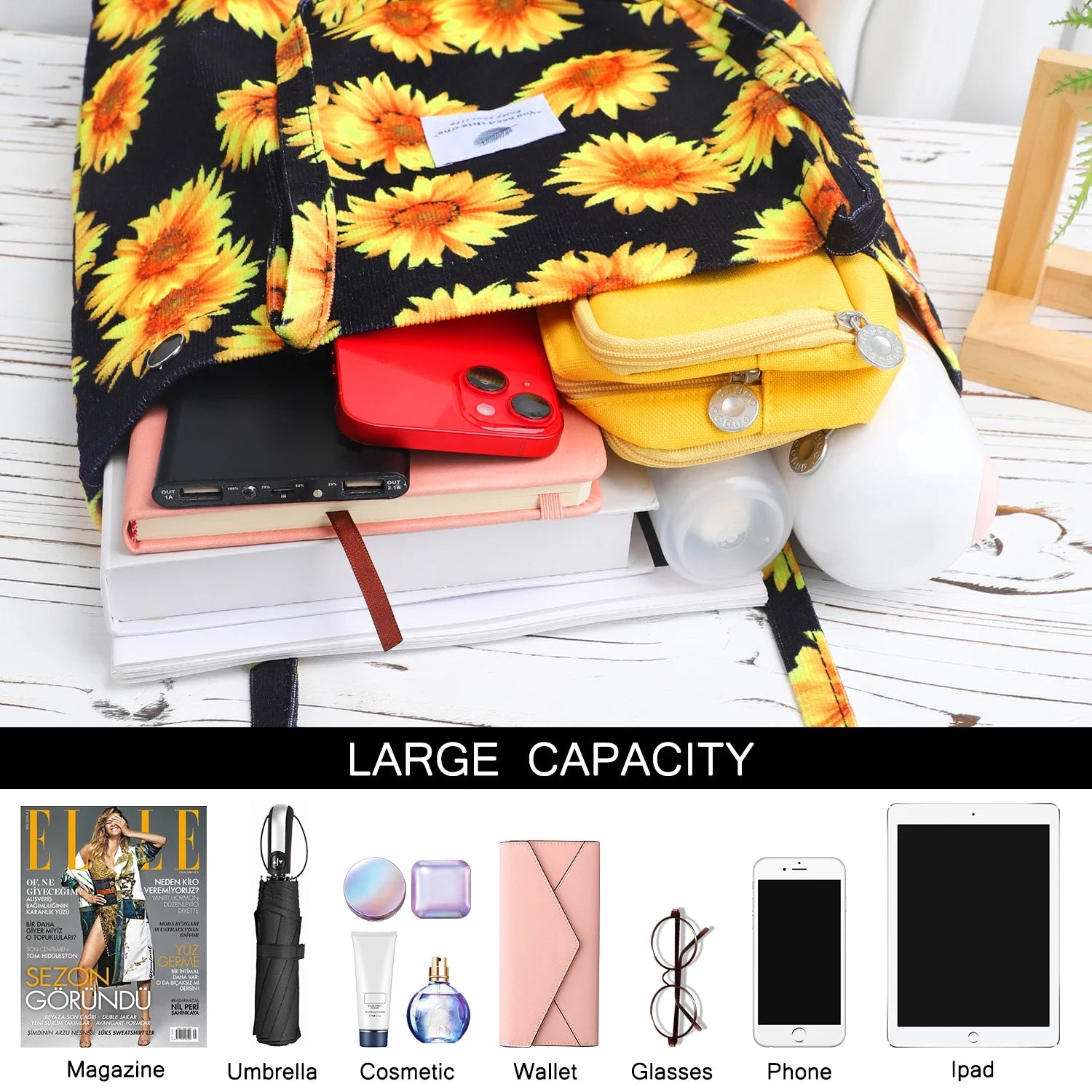 Corduroy Sunflower Tote Bag for Women - Canvas Shoulder Purse with Inner Pocket