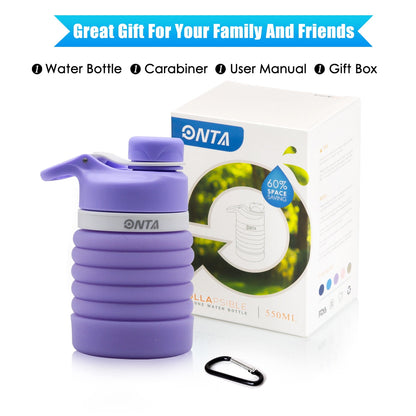 Collapsible Water Bottle - BPA Free Silicone Foldable Water Bottle for Travel Gym Camping Hiking, Portable Leak Proof Sports Water Bottle with Carabiner(Purple)