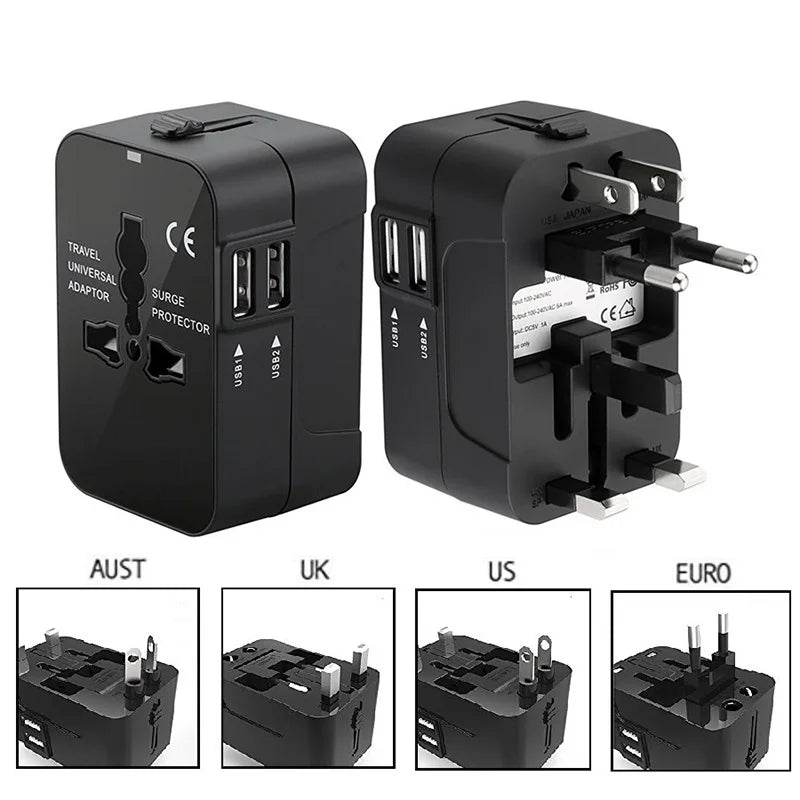 Universal Travel Adapter with Dual USB Ports - EU, UK, US, AU AC Power Charger Outlet Converter Socket Plug
