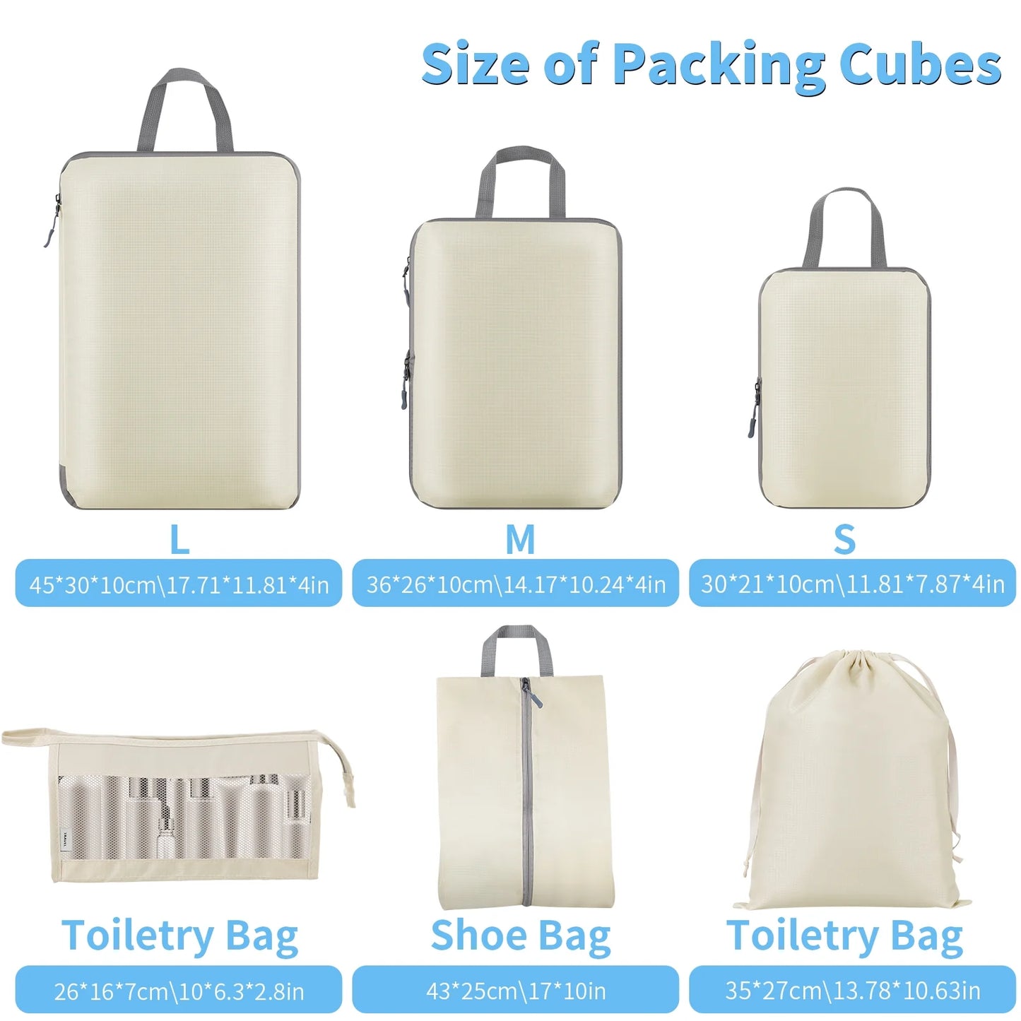 6-Piece Durable Compression Packing Cube Set for Luggage Organization with Laundry and Shoe Bags - Beige