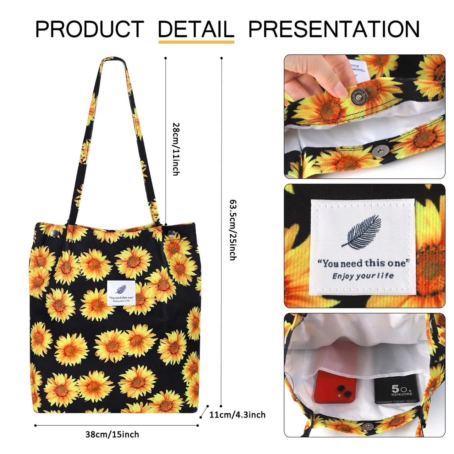 Corduroy Sunflower Tote Bag for Women - Canvas Shoulder Purse with Inner Pocket