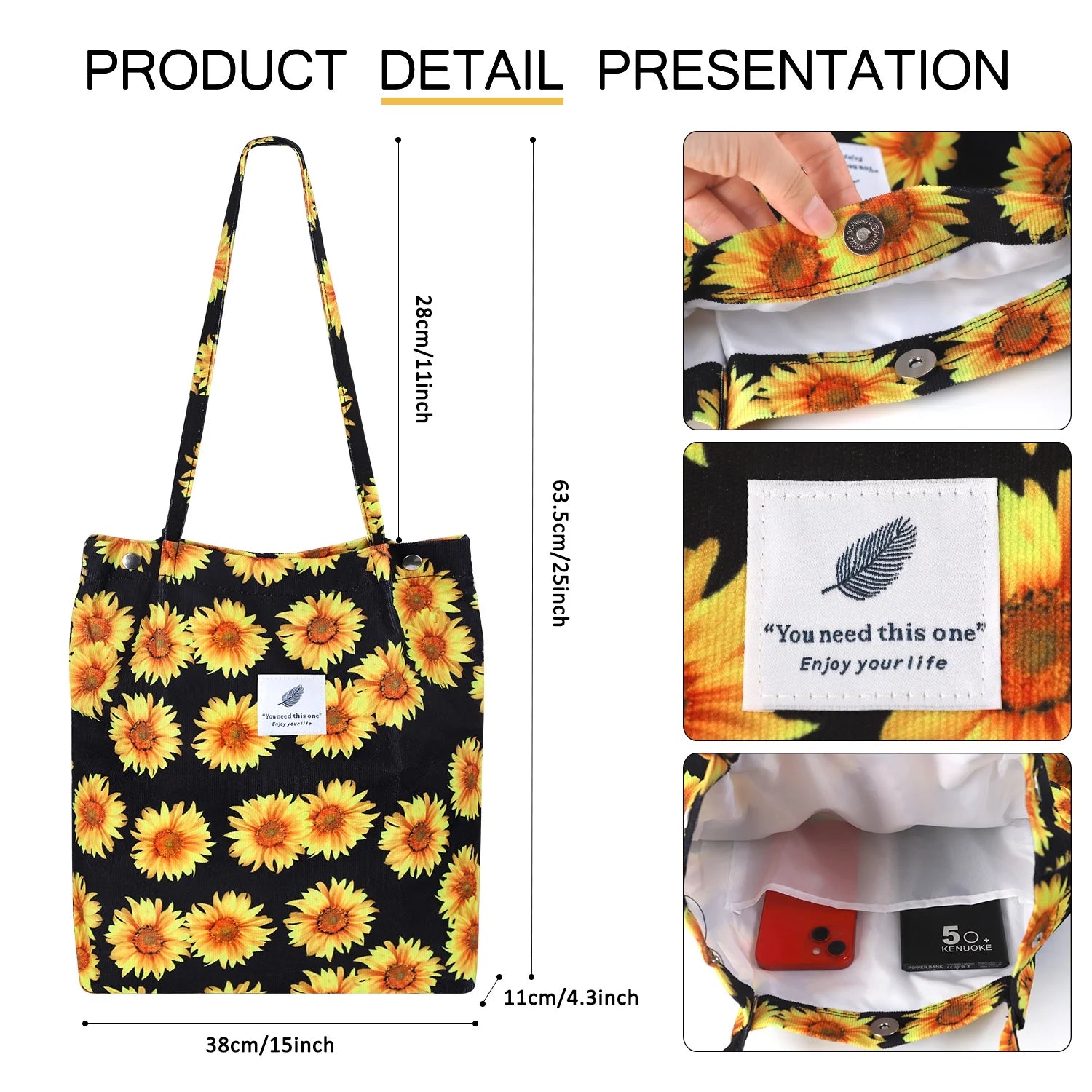 Corduroy Sunflower Tote Bag for Women - Canvas Shoulder Purse with Inner Pocket