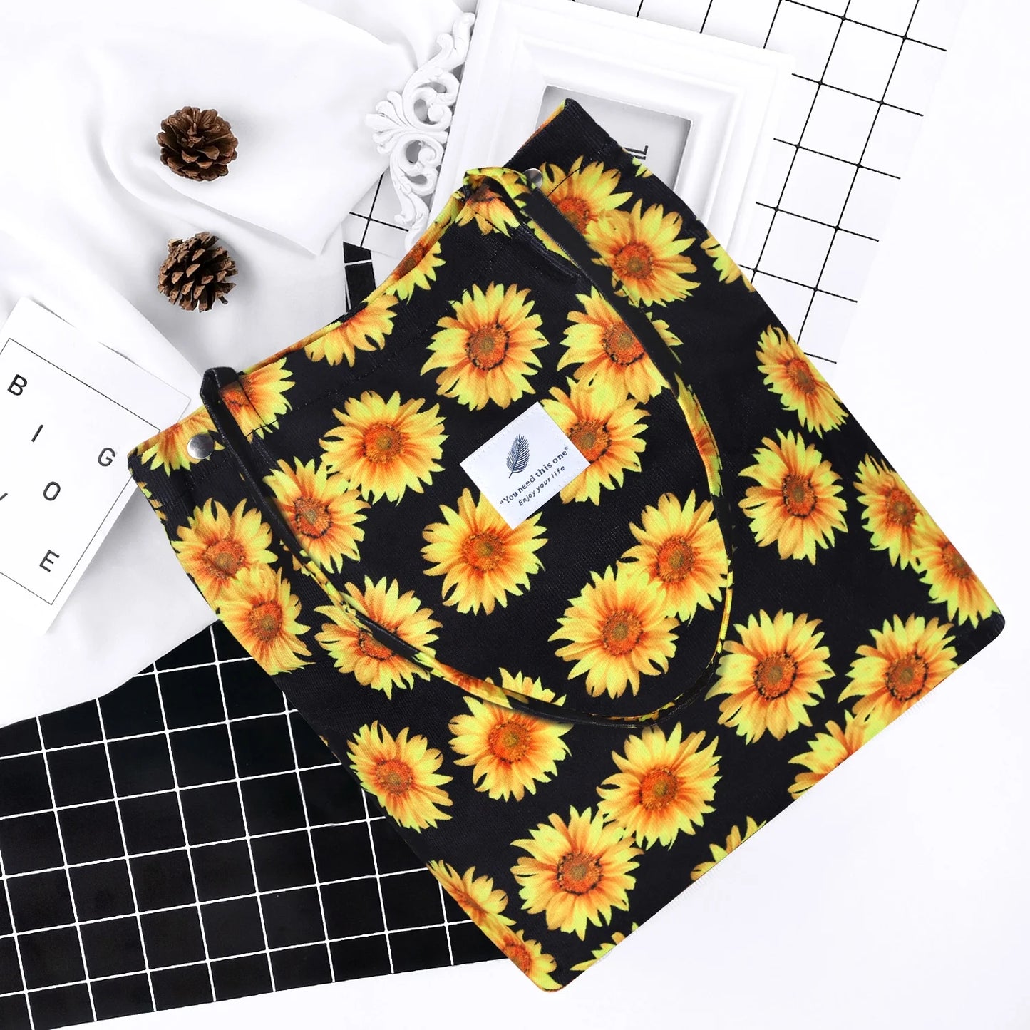 Corduroy Sunflower Tote Bag for Women - Canvas Shoulder Purse with Inner Pocket